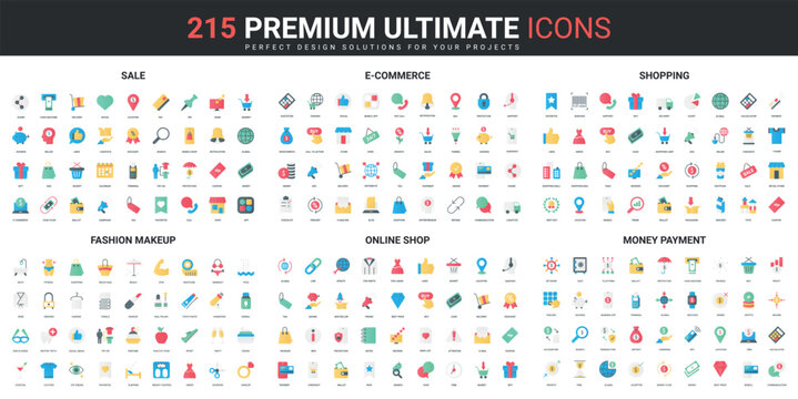 Sales of online retail store, beauty makeup, money payment color flat icons set vector illustration. Abstract symbols of ecommerce and quality, orders in shop simple design for mobile and web apps