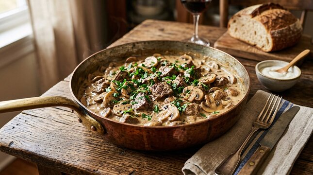 Creamy beef stroganoff with mushrooms and tender meat in a vintage copper skillet, garnished with parsley on a rustic table in warm light.