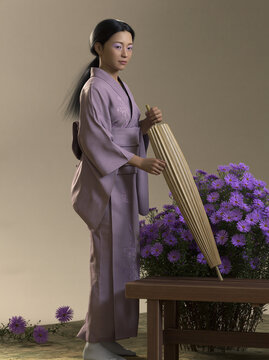 Illustration of a woman in a lavender kimono holding a closed parasol beside blooming purple flowers