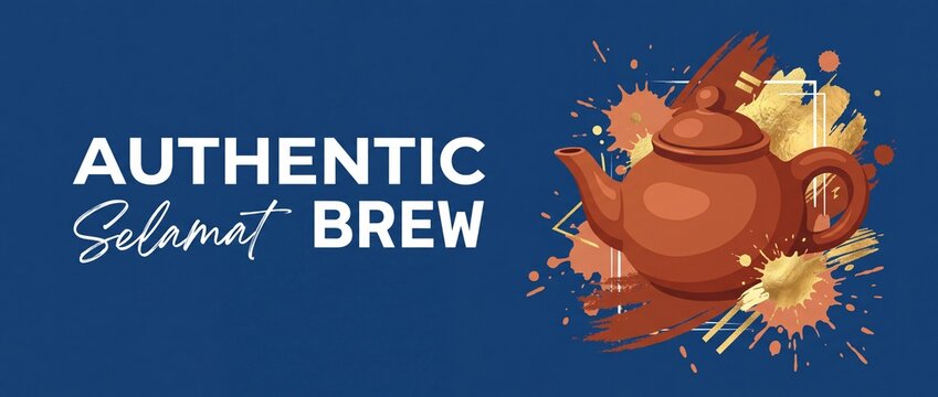Brown clay teapot tea banner with artistic paint splatters and gold foil on dark blue background designed for modern cafe advertising creative beverage marketing concepts and authentic traditional bre