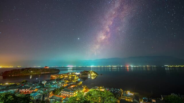 Nighttime timelapse of Erhai Lake with Milky Way arching over illuminated lakeside village and distant city lights, Dali, Yunnan