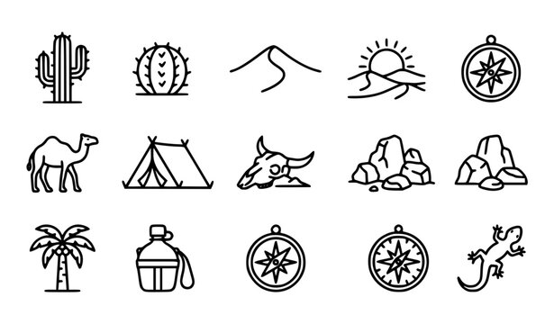 Desert nature outline icon collection with cactus dunes oasis moon and wildlife vector illustrations