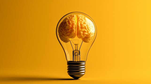 Light bulb with brain symbolizes innovation and power of ideas on yellow background