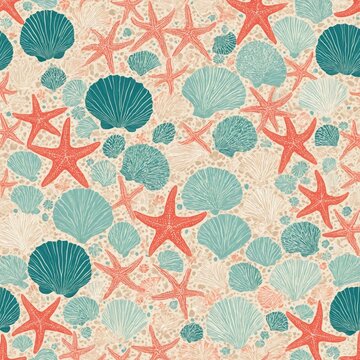 seashell starfish marine summer retro seamless pattern coastal nature 