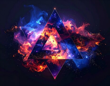 Abstract cosmic triangle design with galaxy and nebula textures. Colorful space smoke and fire background. Digital art concept for sci-fi or fantasy.
