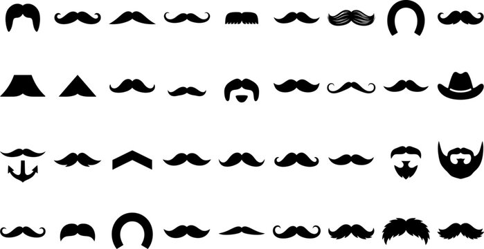 Mustache and beard silhouette set, handlebar, walrus, horseshoe, goatee and full beard black vector icons for barber shop, hipster and gentleman design