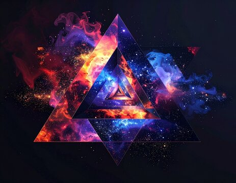 Abstract cosmic triangle design with galaxy and nebula textures. Colorful space smoke and fire background. Digital art concept for sci-fi or fantasy.
