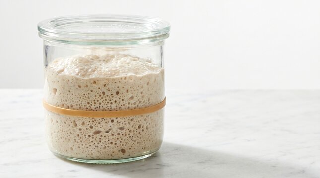 Active bubbling organic wild sourdough starter culture in clear borosilicate glass canning jar with natural rubber level band on white Carrara marble counter for traditional bread fermentation