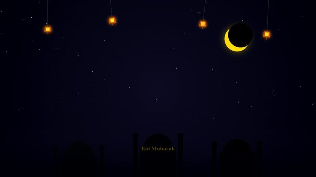 Islamic Crescent Moon and Lanterns Night Sky with Mosque Silhouette