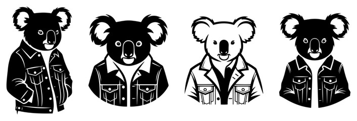 Four koalas wearing jackets in black and white illustration © Paul