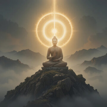 Buddha Meditation in Golden Light Above Misty Mountains