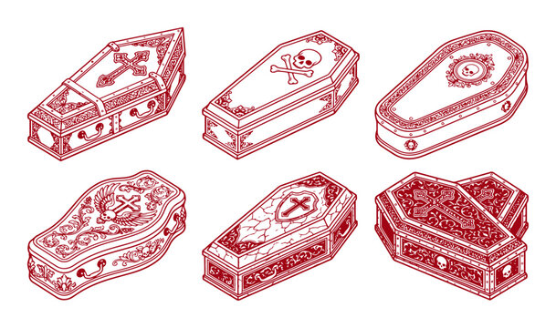 Six ornate coffins in red gothic line art