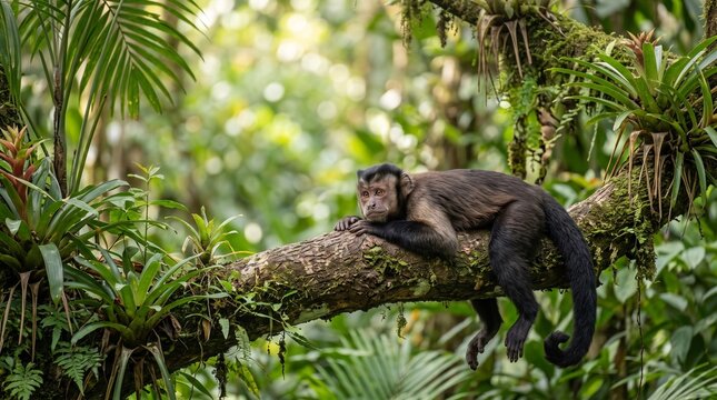 A brown capuchin monkey rests comfortably on a tree branch amidst lush green rainforest foliage, surrounded by bromeliads and ferns