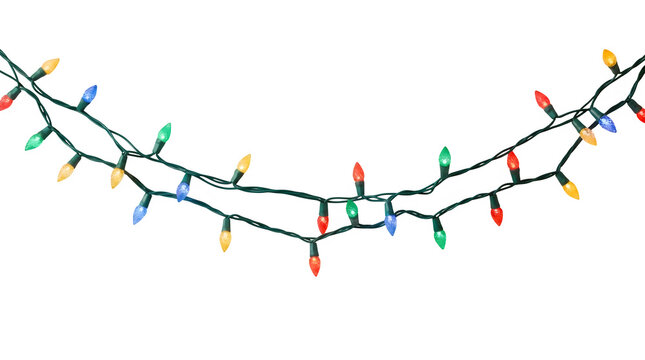 Colorful glowing christmas tree lights string with glowing bulbs