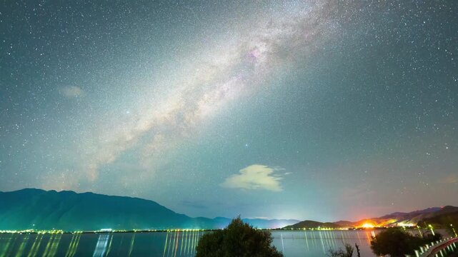 Milky Way arching over Erhai Lake at night with distant city lights and mountain silhouette, Dali, Yunnan