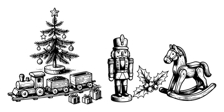 Christmas toys set with tree train nutcracker and rocking horse in vintage woodcut style