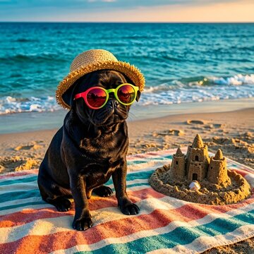 Black pug wearing sunglasses and hat relaxes on beach towel with sandcastle