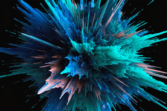 A vibrant 3D abstract burst with blue, teal, and pink spikes exploding against a solid black background, showcasing dynamic form and texture.