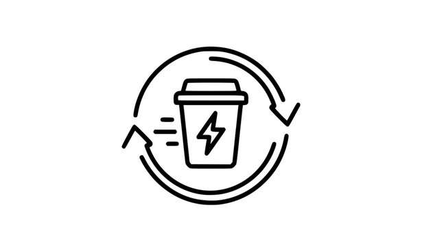 Dynamic cafe coffee cup with lightning bolt and renewable energy arrow monoline vector icon