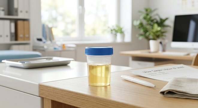 Urine Sample Cup on Desk for Medical Testing.