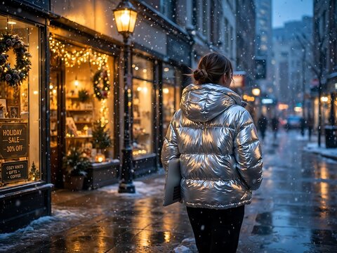 Woman in a shiny silver puffer jacket walking down a snowy city street at dusk past illuminated shop windows decorated for the holiday season with festive lights