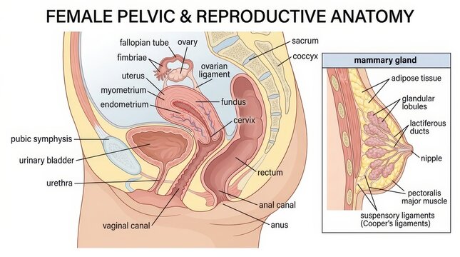 Female Pelvic Reproductive Anatomy Medical Illustration Diagram.