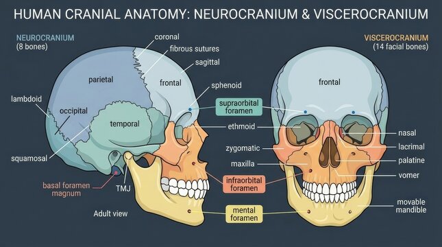 Human Cranial Anatomy Neurocranium Viscerocranium Diagram Illustration.