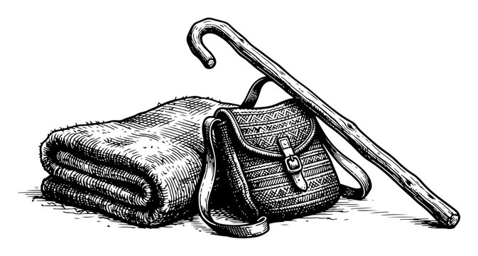 Shepherd gear with wooden staff woven bag and folded wool blanket vintage engraving style
