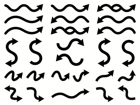 Black wavy arrows collection set with diverse curved pointer shapes for navigation and data flow design elements.