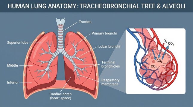 Human Lung Anatomy Tracheobronchial Tree Alveoli Medical Illustration.