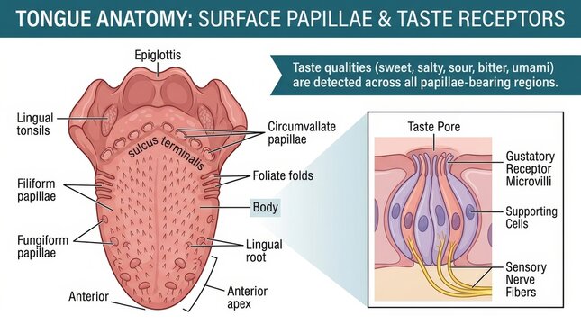 Human Tongue Anatomy Diagram with Taste Buds.