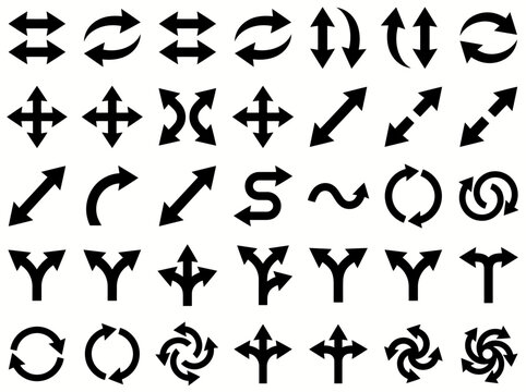 Black bidirectional arrows collection set including split merging and multi directional pointers for interface.