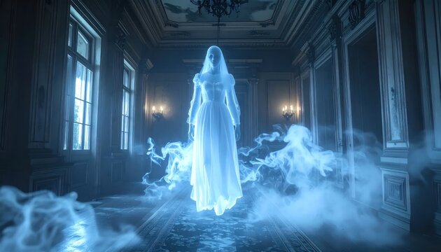 Ghostly woman in abandoned mansion interior.