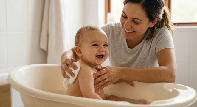 Happy baby enjoying bath time with mother.