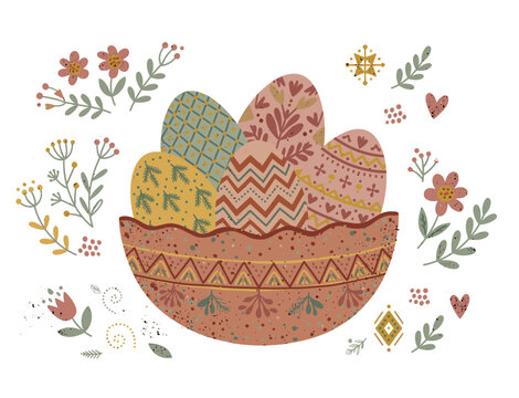 Boho Easter Eggs in Folk Ceramic Bowl with Spring Floral Elements for Greeting Card and Holiday Design
