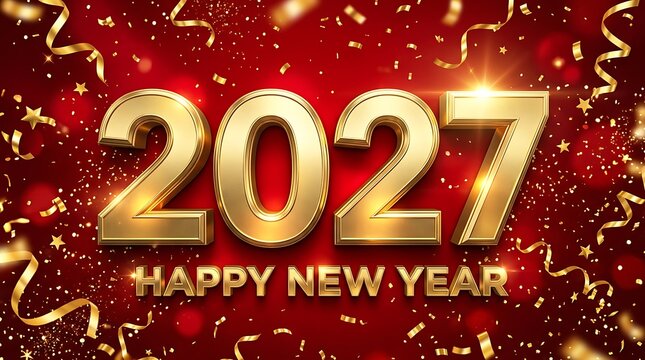 2027 happy new year text with gold 3 d numbers, metallic streamers, and sparkling confetti on a deep red background, for holiday celebration