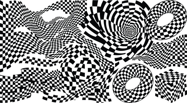 optical illusion vector set featuring distorted checkerboard patterns and shapes