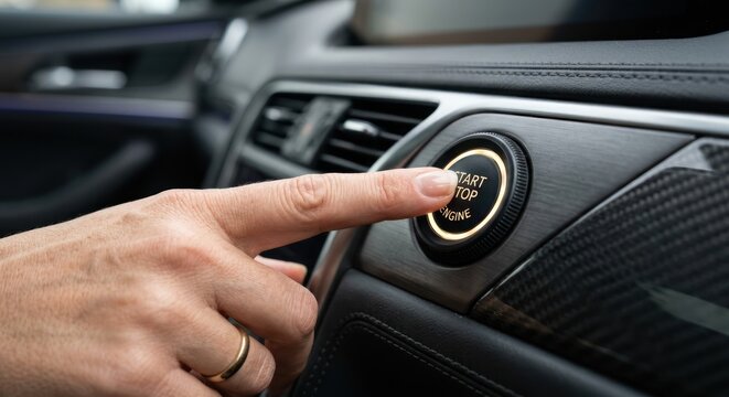 Finger pressing the start stop engine button in a modern car.