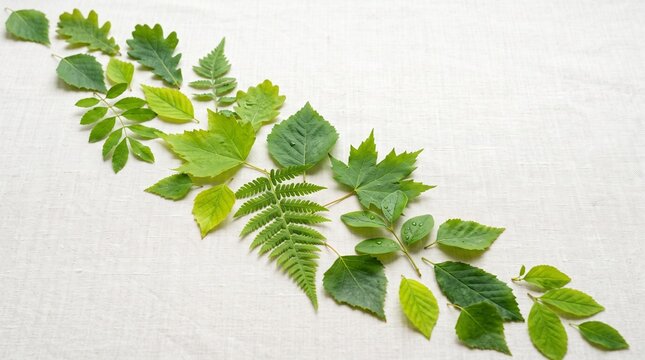 Fresh green leaves arranged in a diagonal pattern on a white linen