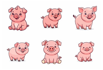Set of cute cartoon pig illustrations, funny pink piglet character collection isolated on white background © MochHilmi