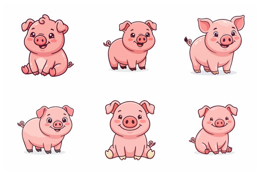 Set of cute cartoon pig illustrations, funny pink piglet character collection isolated on white background