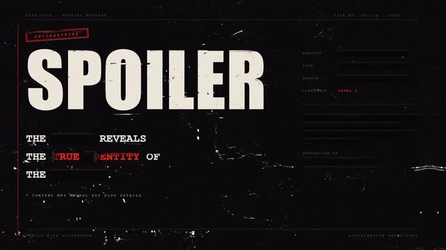 Redacted Spoiler Alert Classified Dossier Animation with Distressed Grunge Texture, Red Stamp, Censored Bars and Glitch Effects for Thriller, Mystery and Investigative Scenes