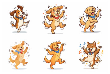 Fototapeta premium Collection of Cute Dancing Dogs Cartoon Character Illustrations, Happy Puppies with Bandanas Dancing to Music, Musical Canine Set Isolated on White