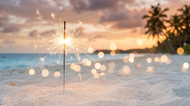 Bright burning sparkler stuck in white sand on a tropical beach at sunset with palm trees and soft bokeh lights in the background
