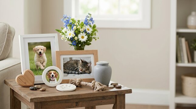 Pet memorial display with framed photographs, urn and paw print cast. Tribute setup on a wooden table honoring deceased dog and cat