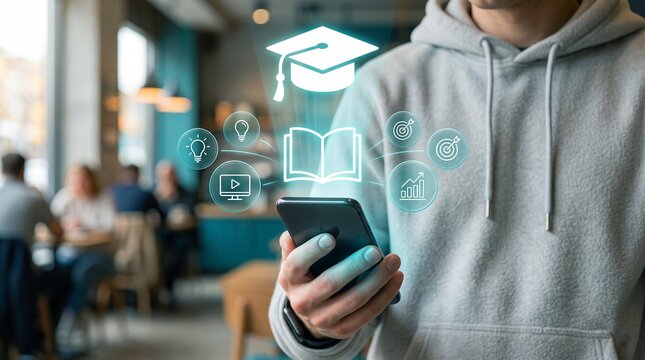 Person holding a smartphone with digital education and learning icons hovering above the screen display with academic goals appear hologram floating above device screen blurred cafe setting