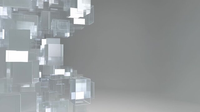 Abstract white cubes floating in a clean geometric space
