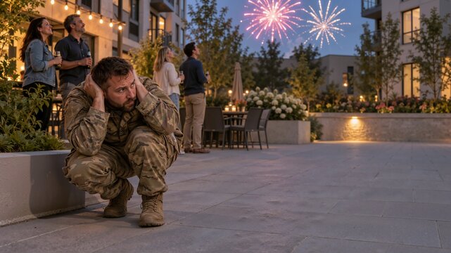 Soldier in camouflage uniform crouching and covering ears during fireworks display at an evening party. Post traumatic stress disorder and military veteran noise trigger