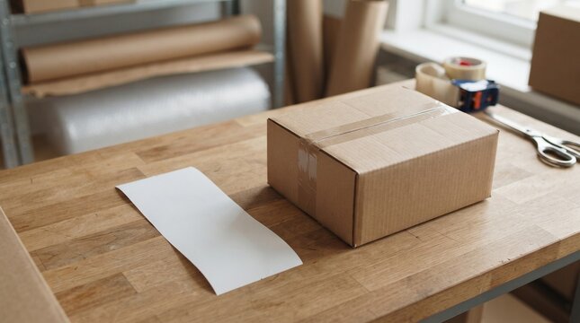 Brown cardboard packaging box and a blank label ready for shipment on a wooden desk, symbolizing e-commerce and small business operations for efficient dispatch