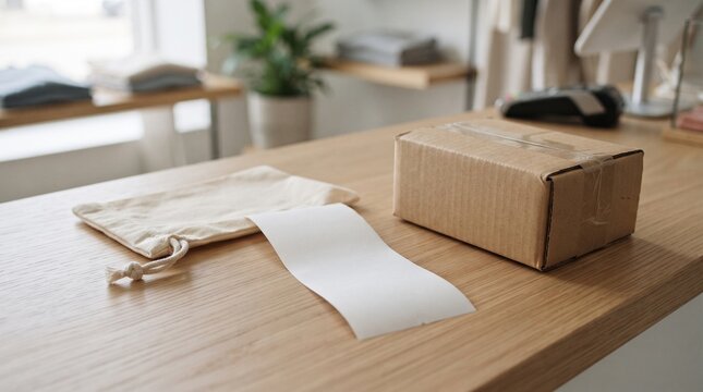 Eco-friendly packaging with cardboard delivery box and cloth bag on wooden desk surface for home shipping